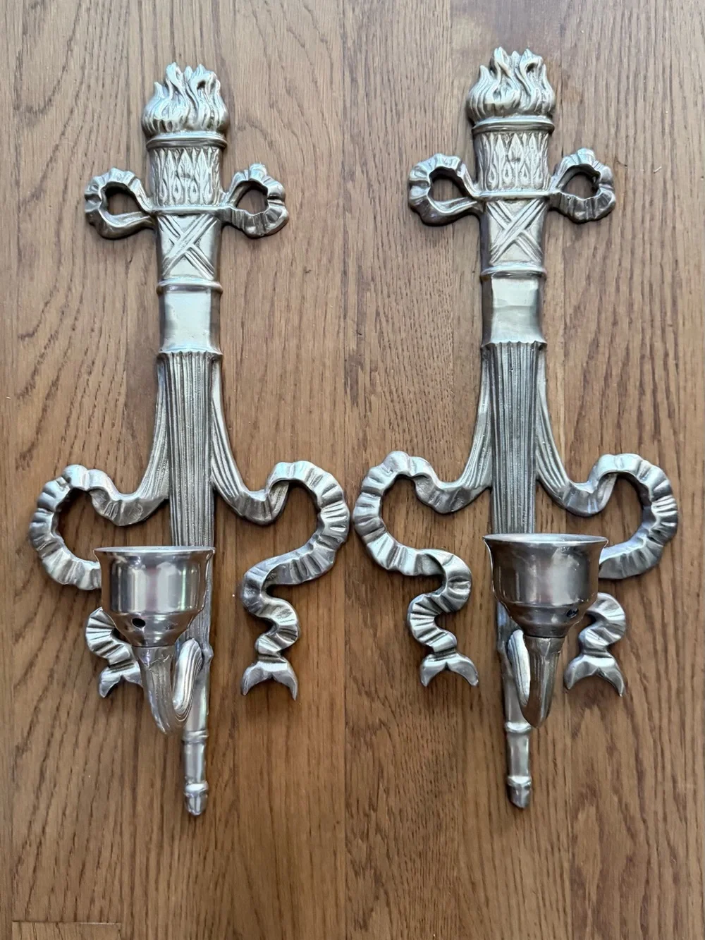 Gold brass Ribbon Torch Wall Sconces - Pair candle holders vintage